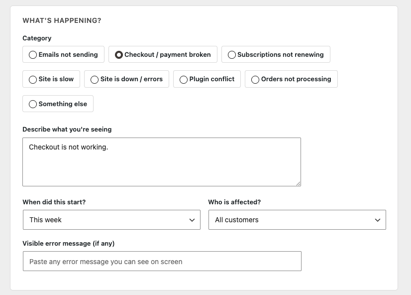 Reporting a checkout/payment problem to DiagnosticIQ on a store