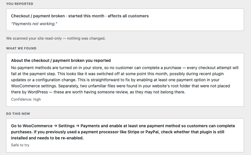 DiagnosticIQ's plain-English diagnosis of the checkout/payment failure